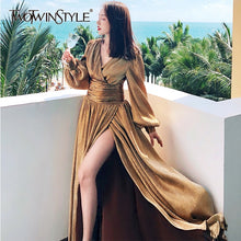 Load image into Gallery viewer, V Neck Lantern Sleeve High Waist Side Split