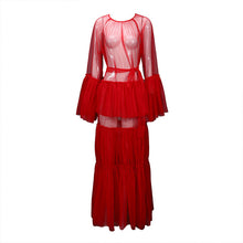 Load image into Gallery viewer, Transparent Flare Sleeve Lace Up High Waist Patchwork Split